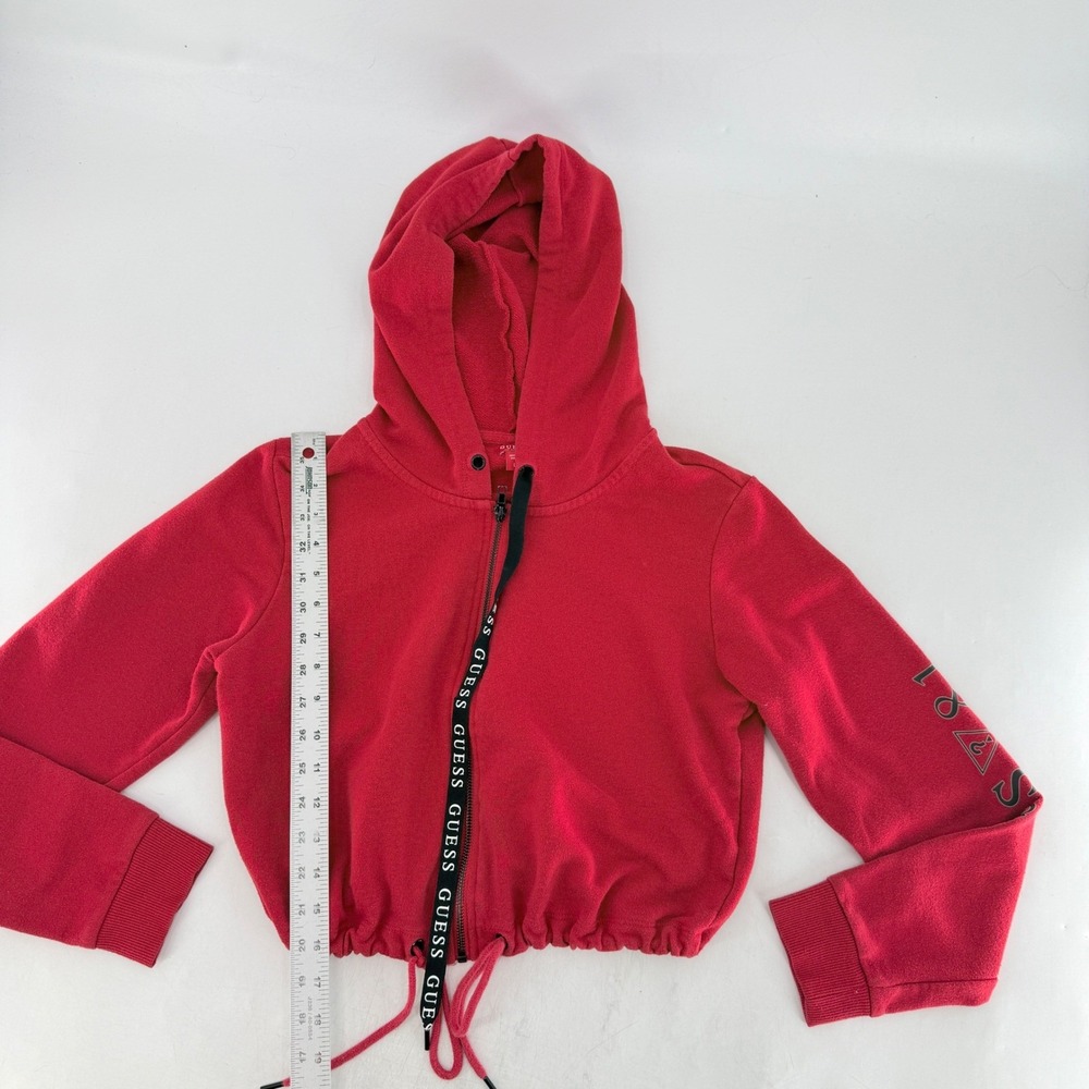 Guess Red Cropped Zip Up Hoodie Long Sleeve Drawstring Hem Logo Graphic Large - Picture 11 of 12